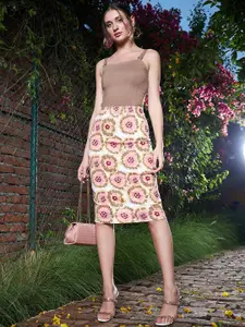 Berrylush Floral Printed Pencil Stretchable Midi Skirt