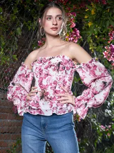 Berrylush Floral Printed Off-Shoulder Bell Sleeves Smocked Bardot Top