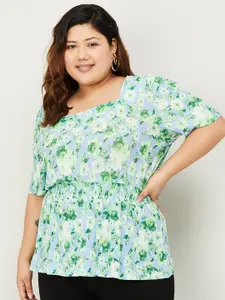 Nexus by Lifestyle Plus Size Floral Printed Square Neck Short Sleeves Smocked Regular Top