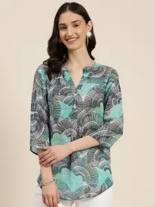Qurvii Women Comfort Geometric Printed Mandarin Collar Casual Shirt