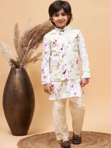 VASTRAMAY Boys Printed Mandarin Collar Gotta Patti Kurta With Pyjamas & Nehru Jacket