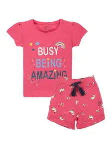 PLUM TREE Girls Printed Pure Cotton T-shirt with Shorts