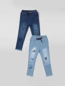 A-Okay Girls Pack of 2 Slim Fit High-Rise Cotton Heavy Fade Embroidered Jeans