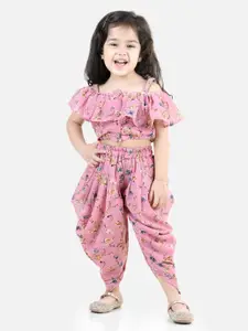 BownBee Girls Printed Ruffled Top With Dhoti Pants Set