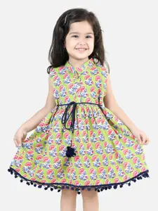 BownBee Girls Floral Printed Pom-Pom Detail Pure Cotton Fit & Flare Dress