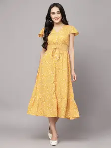 aayu Floral Print Flutter Sleeve Crepe A-Line Midi Dress