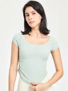 JC Collection Raglan Sleeves Round Neck Gathered Fitted Regular Top