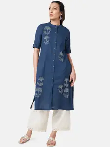 RANGMANCH BY PANTALOONS Floral Embroidered Thread Work Band Collar Pure Cotton Kurta