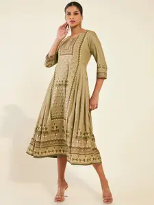 Soch Ethnic Motifs Printed Embroidered Detailed Modal A-Line Midi Ethnic Dress