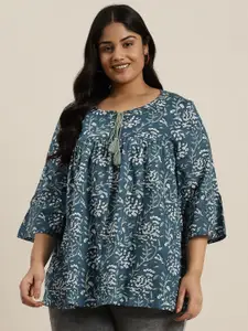 Sztori Plus Size Floral Printed Flared Sleeves Pure Cotton Pleated Kurti
