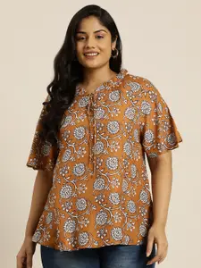 Sztori Plus Size Floral Print Tie-Up Neck Flared Sleeve Top