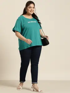 Sztori Women Plus Size Typography Printed Extended Sleeves T-shirt
