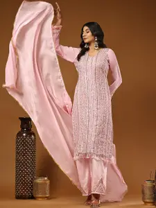 ODETTE Ethnic Motifs Embroidered Sequinned Semi Stitched Kurta With Palazzos Dupatta