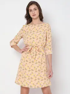 Vero Moda Boat Neck Floral Printed A-Line Dress With Belt