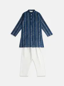indus route by Pantaloons Boys Striped Mandarin Collar Pure Cotton Kurta with Pyjamas