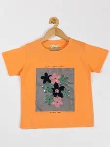 Nins Moda Floral Printed Embellished Cotton T-shirt