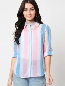 CHARMGAL Vertical Striped Spread Collar Roll-up Sleeves Classic Casual Shirt