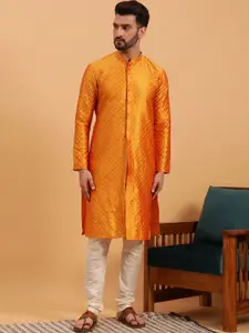 NAMASKAR Woven Design Mandarin Collar Pure Silk Kurta with Churidar