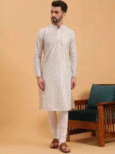 NAMASKAR Woven Design Mandarin Collar Pure Cotton Kurta with Churidar