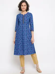 IMARA Floral Printed Notched Neck Sequinned Pure Cotton A-Line Kurta