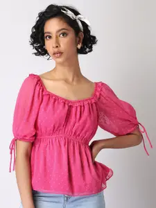 FabAlley Puff Sleeves Frilled Neck Georgette Cinched Waist Top