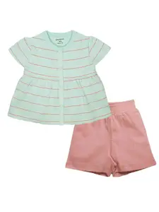 My Milestones Infant Girls Striped Pure Cotton Round Neck Top with Shorts Clothing Set