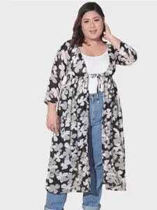 BUY NEW TREND Plus Size Open Front Floral Printed Longline Georgette Shrug