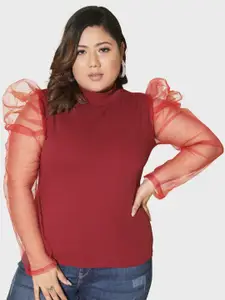 BUY NEW TREND Plus Size High Neck Long Netted Puff Sleeves Top