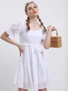 KETCH Self Design Puff Sleeves Tie-up  Tiered Fit & Flare Dress