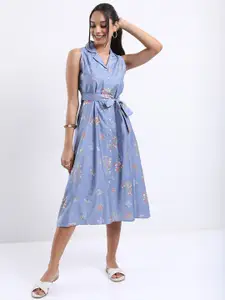 Vishudh Spread Collar Floral Printed Tie Up A-Line Midi Dress