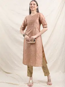 Vishudh Floral Woven Design Keyhole Neck Thread Work Kurta