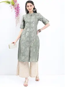 Vishudh Floral Printed Band Collar A-Line Kurta
