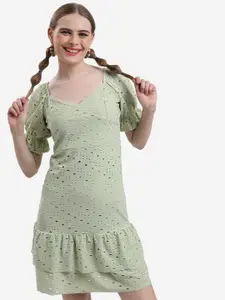 KETCH Puff Sleeves Flounce Hem Schiffli Sheath Dress