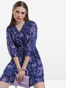 KETCH Floral Printed Puff Sleeves Ruffles Fit & Flare Dress