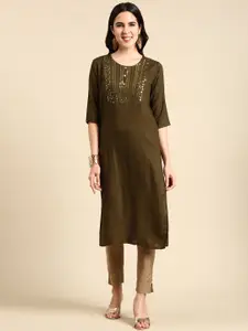 SHOWOFF Ethnic Motifs Embroidered Sequined Straight Kurta