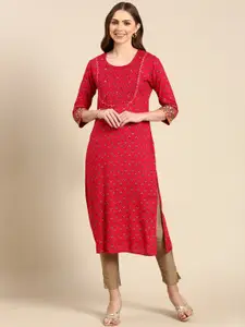 SHOWOFF Floral Printed Mirror Work Straight Kurta