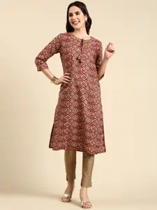 SHOWOFF Ethnic Motifs Printed Tie-Up Neck Pleated A-Line Kurta