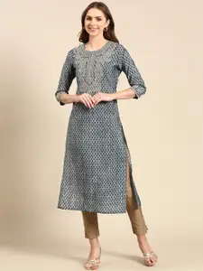 SHOWOFF Ethnic Motifs Embroidered Zari Chanderi Cotton Straight Kurta