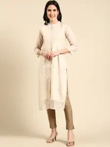 SHOWOFF Floral Foil Printed Beads & Stones Panelled Straight Kurta