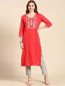 SHOWOFF Ethnic Motifs Embroidered Straight Cotton Kurta