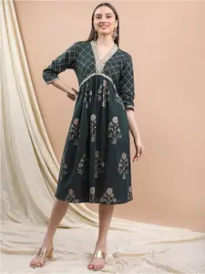 Vishudh V-Neck Floral Printed Sequined Fit & Flare Ethnic Dress