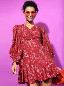 Tokyo Talkies V-Neck Ethnic Motifs Printed Cut Out Mini Fit & Flare Dress