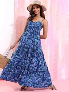 Tokyo Talkies Shoulder Straps Floral Printed Tiered Ruched Maxi Dress