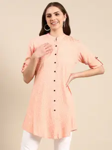 SHOWOFF Polka Dot Printed Roll-Up Sleeves Mandarin Collar A-Line Kurti