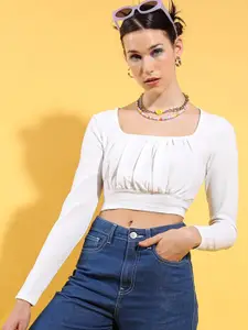 Tokyo Talkies Square Neck Long Sleeves Gathered Blouson Crop Top