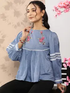 Bhama Couture Floral Embroidered Puff Sleeve Top