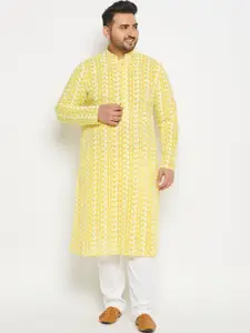 VASTRAMAY Men Plus Size Paisley Embroidered Chikankari Pure Cotton Kurta with Pyjamas
