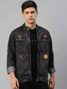 VOXATI Washed Mandarin Collar Denim Jacket With Patchwork