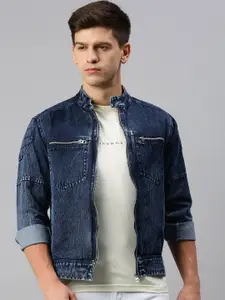 VOXATI Washed Mandarin Collar Denim Jacket