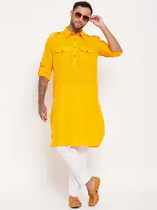 VASTRAMAY Shirt Collar Roll Up Sleeves Pathani Kurta with Pyjamas